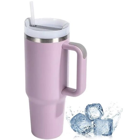 Prémium fémfalú utazó termosz + pohár, 1200 ml, hőtartó, szívószállal, fogantyúval, Tumbler, lila