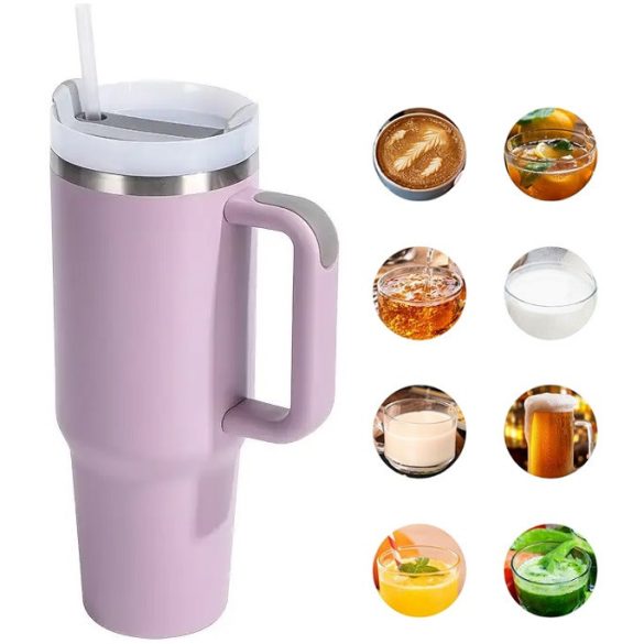 Prémium fémfalú utazó termosz + pohár, 1200 ml, hőtartó, szívószállal, fogantyúval, Tumbler, lila