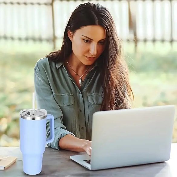 Prémium fémfalú utazó termosz + pohár, 1200 ml, hőtartó, szívószállal, fogantyúval, Tumbler, lila