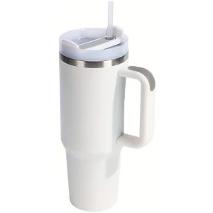 Prémium fémfalú utazó termosz + pohár, 1200 ml, hőtartó, szívószállal, fogantyúval, Tumbler, fehér
