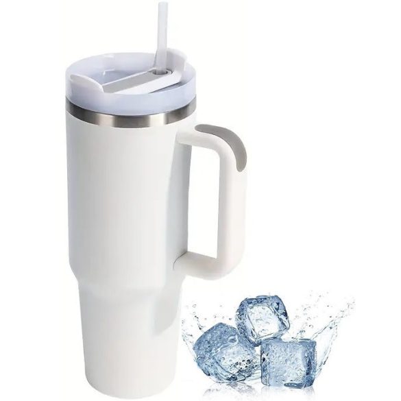 Prémium fémfalú utazó termosz + pohár, 1200 ml, hőtartó, szívószállal, fogantyúval, Tumbler, fehér
