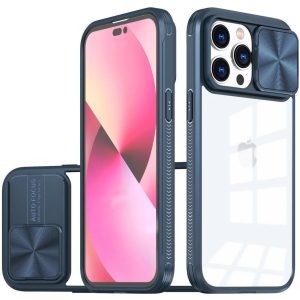 Apple iPhone 17, Műanyag hátlap + szilikon keret, átlátszó akril hátlap, kamera védelem, Wooze Trendy, sötétkék