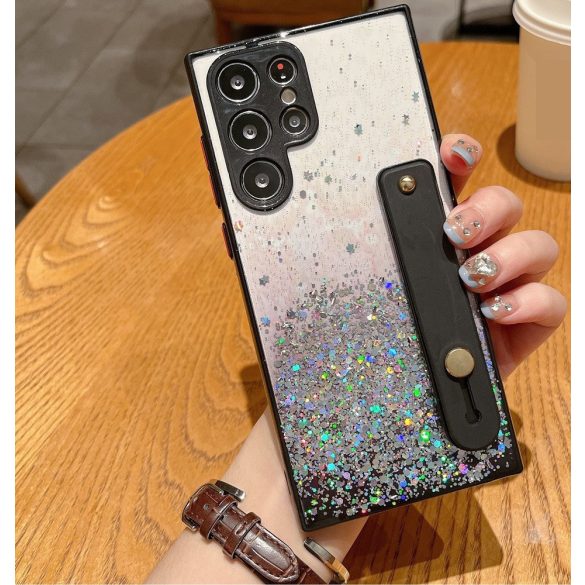 Apple iPhone 17, Szilikon tok, közepesen ütésálló, kézpánttal, színátmenetes, csillogó minta, Wooze Strap Star, mintás/fekete