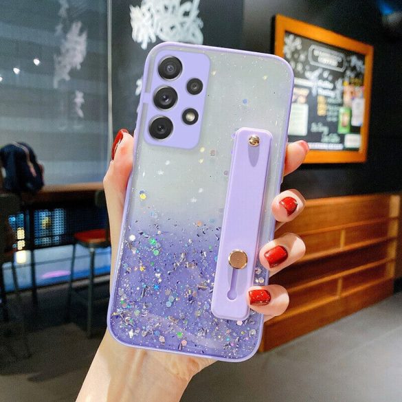 Apple iPhone 17, Szilikon tok, közepesen ütésálló, kézpánttal, színátmenetes, csillogó minta, Wooze Strap Star, mintás/lila