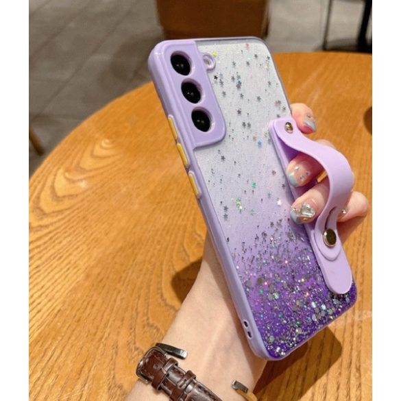 Apple iPhone 17, Szilikon tok, közepesen ütésálló, kézpánttal, színátmenetes, csillogó minta, Wooze Strap Star, mintás/lila