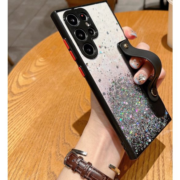 Apple iPhone Air (2025), Szilikon tok, közepesen ütésálló, kézpánttal, színátmenetes, csillogó minta, Wooze Strap Star, mintás/fekete