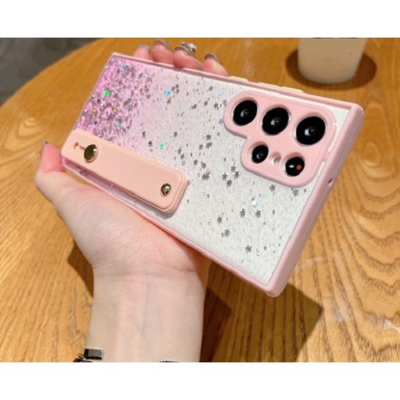 Apple iPhone Air (2025), Szilikon tok, közepesen ütésálló, kézpánttal, színátmenetes, csillogó minta, Wooze Strap Star, mintás/rózsaszín