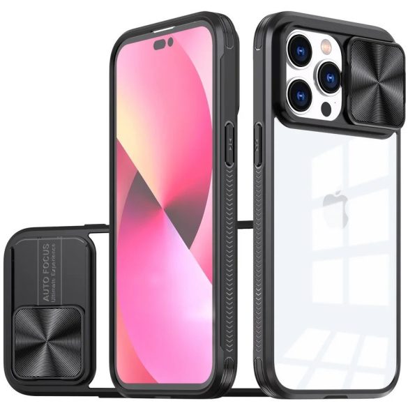 Apple iPhone 17 Pro, Műanyag hátlap + szilikon keret, átlátszó akril hátlap, kamera védelem, Wooze Trendy, fekete