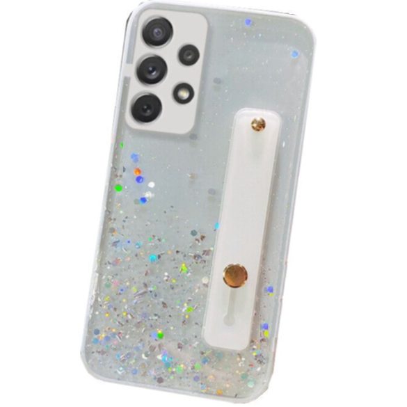 Apple iPhone 17 Pro, Szilikon tok, közepesen ütésálló, kézpánttal, színátmenetes, csillogó minta, Wooze Strap Star, mintás/fehér