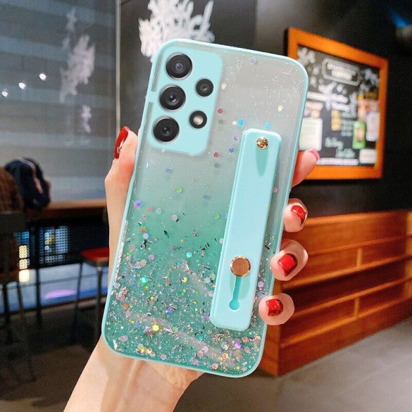 Apple iPhone 17 Pro, Szilikon tok, közepesen ütésálló, kézpánttal, színátmenetes, csillogó minta, Wooze Strap Star, mintás/menta