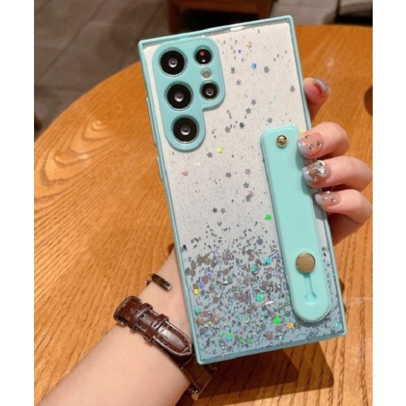 Apple iPhone 17 Pro, Szilikon tok, közepesen ütésálló, kézpánttal, színátmenetes, csillogó minta, Wooze Strap Star, mintás/menta