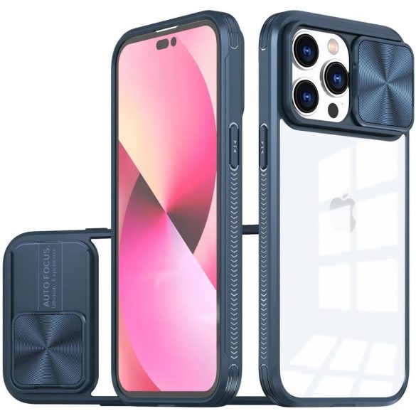 Apple iPhone 17 Pro Max, Műanyag hátlap + szilikon keret, átlátszó akril hátlap, kamera védelem, Wooze Trendy, sötétkék