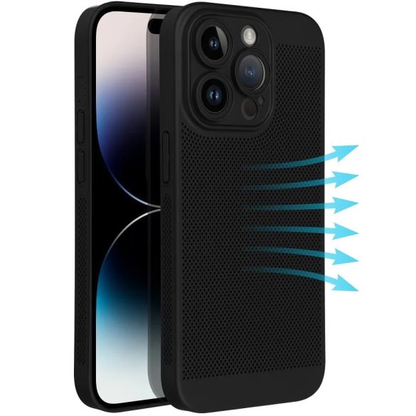 Apple iPhone 17, Műanyag hátlap védőtok, légáteresztő, lyukacsos minta, Breezy, fekete