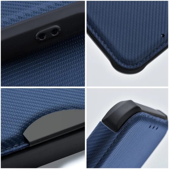 Samsung Galaxy S24 Ultra SM-S928, Oldalra nyíló tok, légpárnás sarok, bőrhatású, karbon minta, Razor Book, kék