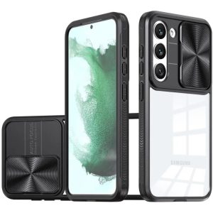 Samsung Galaxy A17 4G / A17 5G SM-A175F / A176B, Műanyag hátlap + szilikon keret, átlátszó akril hátlap, kamera védelem, Wooze Trendy, fekete