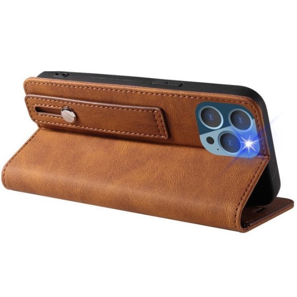 Samsung Galaxy A17 4G / A17 5G SM-A175F / A176B, Oldalra nyíló tok, stand, kártyatartóval, kézpánttal, Wooze Business Plus, barna