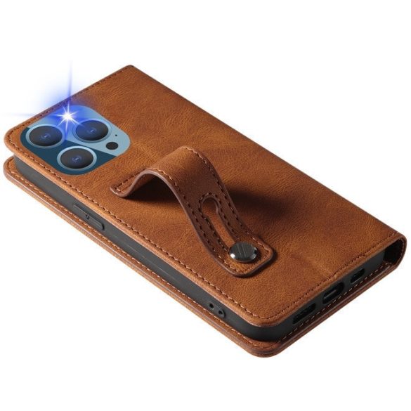 Samsung Galaxy A17 4G / A17 5G SM-A175F / A176B, Oldalra nyíló tok, stand, kártyatartóval, kézpánttal, Wooze Business Plus, barna