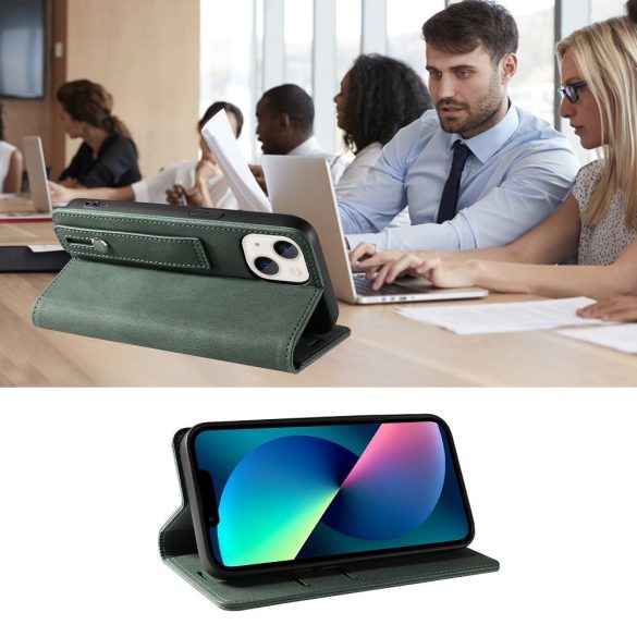 Samsung Galaxy A17 4G / A17 5G SM-A175F / A176B, Oldalra nyíló tok, stand, kártyatartóval, kézpánttal, Wooze Business Plus, sötétzöld