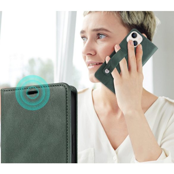 Samsung Galaxy A17 4G / A17 5G SM-A175F / A176B, Oldalra nyíló tok, stand, kártyatartóval, kézpánttal, Wooze Business Plus, sötétzöld