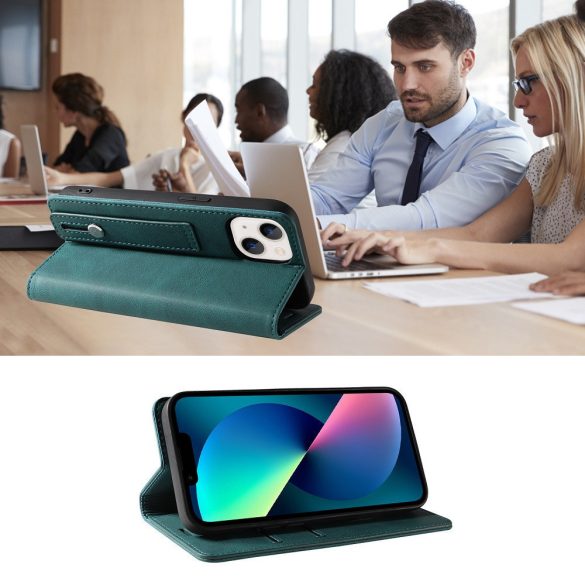 Samsung Galaxy A17 4G / A17 5G SM-A175F / A176B, Oldalra nyíló tok, stand, kártyatartóval, kézpánttal, Wooze Business Plus, zöld