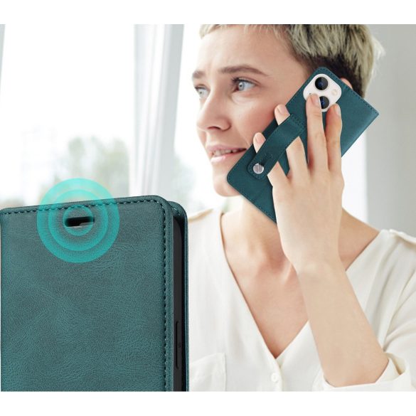 Samsung Galaxy A17 4G / A17 5G SM-A175F / A176B, Oldalra nyíló tok, stand, kártyatartóval, kézpánttal, Wooze Business Plus, zöld