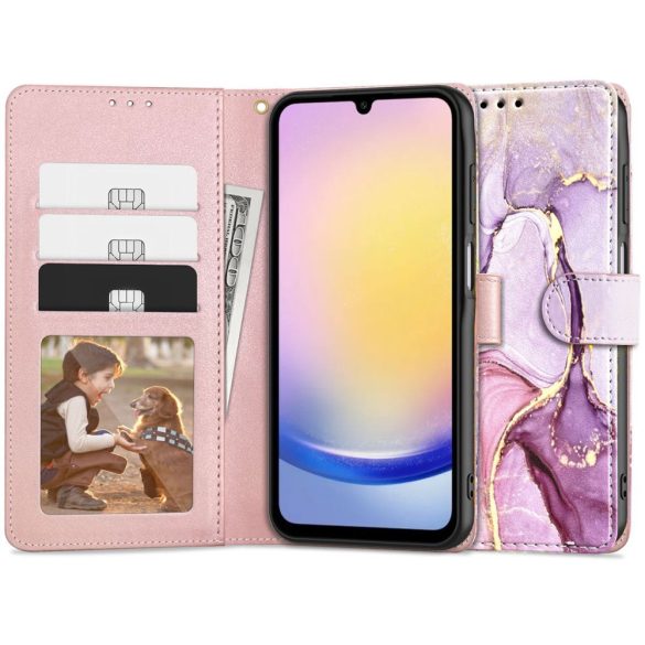 Samsung Galaxy A25 5G SM-A256B, Oldalra nyíló tok, stand, mágnes csattal, absztrakt márvány minta, TP Wallett Marble, lila/színes