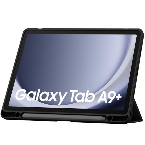 Samsung Galaxy Tab A9 Plus (11.0) SM-X210 / X215 / X216B, mappa tok, közepesen ütésálló, érintőceruza tartóval, átlátszó hátlap, Trifold, TP SC Pen Hybrid, fekete