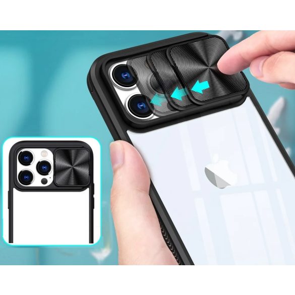 Apple iPhone 15, Műanyag hátlap + szilikon keret, átlátszó akril hátlap, kamera védelem, Wooze Trendy, fekete