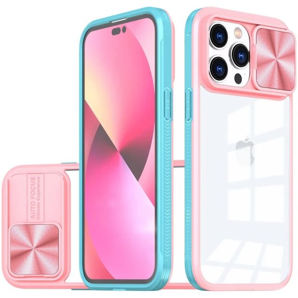 Apple iPhone 13 Pro, Műanyag hátlap + szilikon keret, átlátszó akril hátlap, kamera védelem, Wooze Trendy, rózsaszín/kék