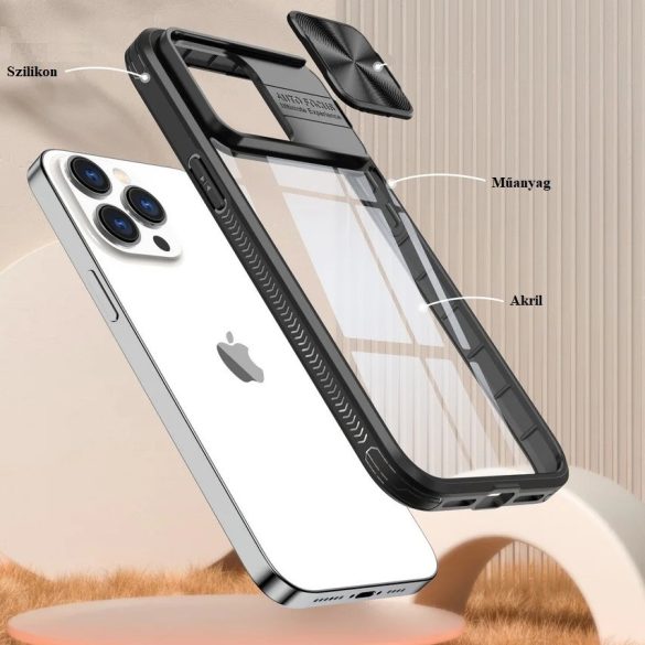 Apple iPhone 12 / 12 Pro, Műanyag hátlap + szilikon keret, átlátszó akril hátlap, kamera védelem, Wooze Trendy, fekete