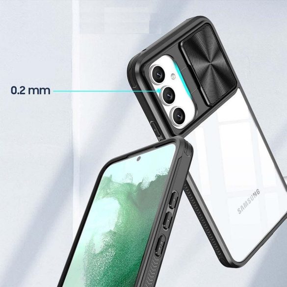 Samsung Galaxy S23 SM-S911, Műanyag hátlap + szilikon keret, átlátszó akril hátlap, kamera védelem, Wooze Trendy, fekete