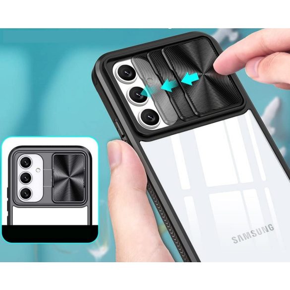Samsung Galaxy S23 Ultra SM-S918, Műanyag hátlap + szilikon keret, átlátszó akril hátlap, kamera védelem, Wooze Trendy, sötétkék