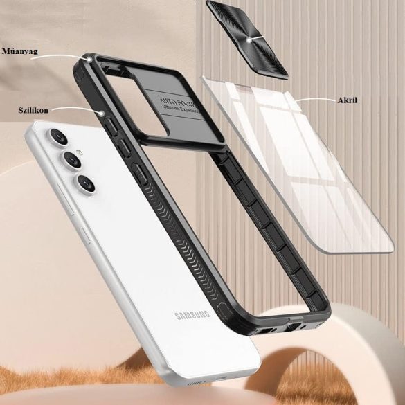 Samsung Galaxy S21 FE 5G SM-G990, Műanyag hátlap + szilikon keret, átlátszó akril hátlap, kamera védelem, Wooze Trendy, fekete