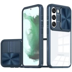   Samsung Galaxy A14 4G / A14 5G SM-A145F / A146B, Műanyag hátlap + szilikon keret, átlátszó akril hátlap, kamera védelem, Wooze Trendy, sötétkék