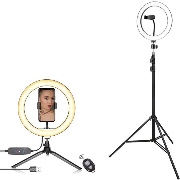 Prémium LED-es gyűrű alakú selfi lámpa, 26 cm átmérő, 90 - 160 cm, 360°-ban forgatható, dönthető, exponáló gombbal, bluetooth-os, tripod állvány funkció, fekete