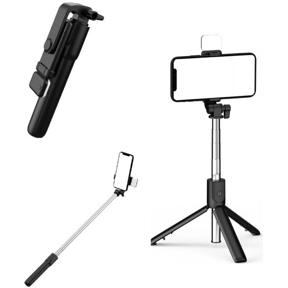 Prémium selfie bot, 19 - 70 cm, 360°-ban forgatható, exponáló gombbal, bluetooth-os, v4.0, tripod állvány funkció, világítással, R1S, fekete