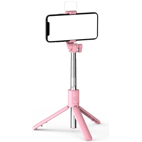 Prémium selfie bot, 19 - 70 cm, 360°-ban forgatható, exponáló gombbal, bluetooth-os, v4.0, tripod állvány funkció, világítással, R1S, rózsaszín