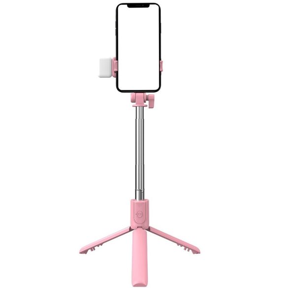 Prémium selfie bot, 19 - 70 cm, 360°-ban forgatható, exponáló gombbal, bluetooth-os, v4.0, tripod állvány funkció, világítással, R1S, rózsaszín