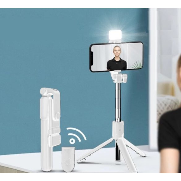 Prémium selfie bot, 19 - 70 cm, 360°-ban forgatható, exponáló gombbal, bluetooth-os, v4.0, tripod állvány funkció, világítással, R1S, fehér