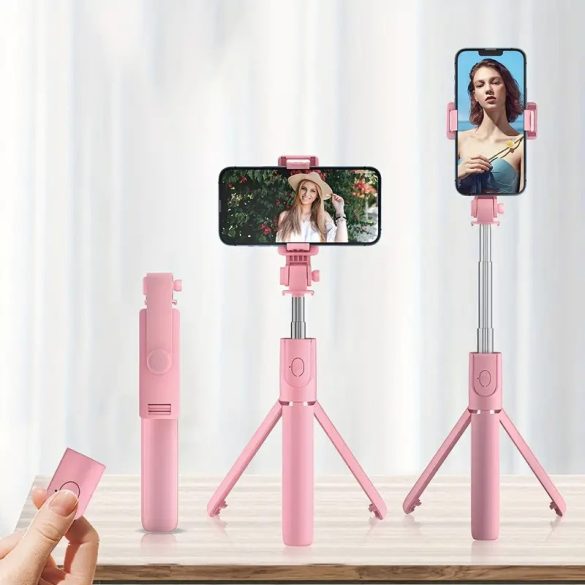 Prémium selfie bot, 19 - 70 cm, 360°-ban forgatható, exponáló gombbal, bluetooth-os, v4.0, tripod állvány funkció, R1, rózsaszín