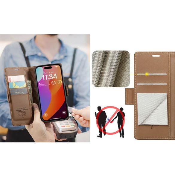 Samsung Galaxy A16 4G / A16 5G SM-A165F / A166B, Oldalra nyíló tok, stand, kártyatartóval, RFID technológiával, Wooze CaseME, barna