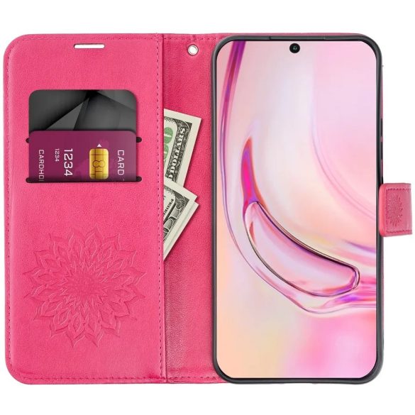 Samsung Galaxy A16 4G / A16 5G SM-A165F / A166B, Oldalra nyíló tok, kártyatartóval, kézpánttal, Mandala minta, Mezzo Book, mintás/magenta