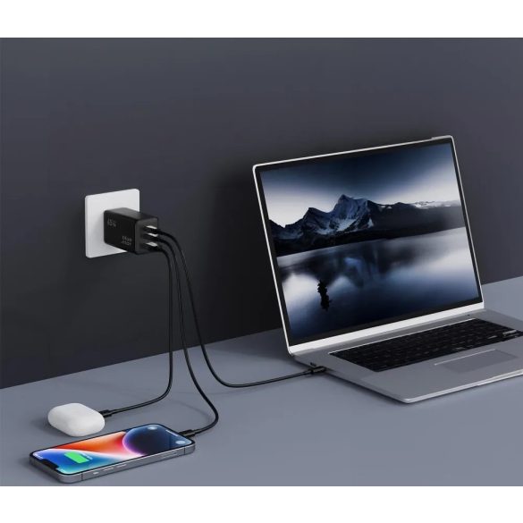 Hálózati töltő adapter, 65W, USB aljzat, 2 x USB Type-C aljzat, gyorstöltés, PD, QC 4.0, GaN, Blue Star VT-43, fekete