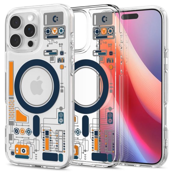 Apple iPhone 16 Pro Max, Műanyag hátlap védőtok + szilikon keret, közepesen ütésálló, Magsafe töltővel kompatibilis, iPhone belső minta, Spigen Cyrill Ultra Hybrid Mag Analogue, átlátszó/színes