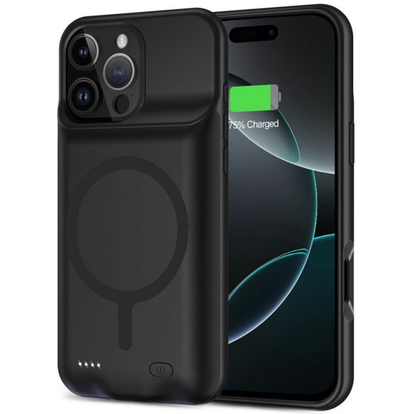 Apple iPhone 16 Pro Max, Szilikon tok, műanyag hátlap + Akkumulátor, 8500 mAh, LED-es, Magsafe töltővel kompatibilis, Tech-Protect PowerCase Magsafe, fekete