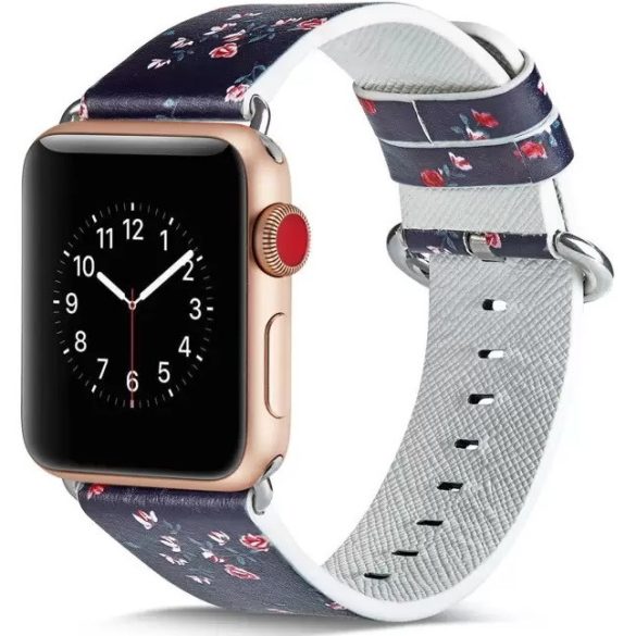 Apple Watch 4-6, SE, SE (2022) (42 / 44 mm) / Watch 7-9 (45 mm) / Watch Ultra 1-2 (49 mm), bőr pótszíj, állítható, virág minta, F17, Xprotector, mintás/sötétkék