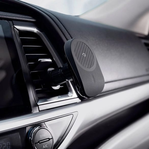 Autós tartó, szellőzőrácsra rögzíthető, 360°-ban forgatható, mágneses, Magsafe vezeték nélküli töltővel, 15W, karbon minta, Pitaka MagEz Car Mount Pro, fekete