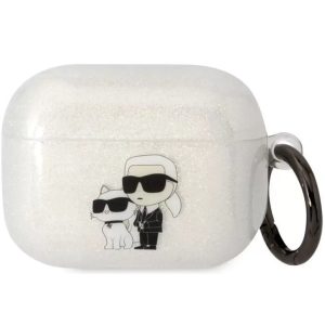 Bluetooth fülhallgató töltőtok tartó, szilikon, karabiner, csillogó, napszemüveges lány és cica minta, Apple AirPods Pro kompatibilis, Karl Lagerfeld 3D Logo NFT Choupette Glitter, átlátszó