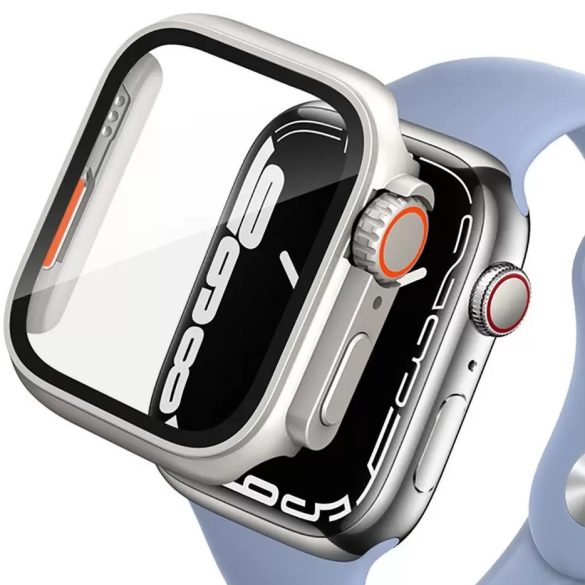 Apple Watch 4-6, SE, SE (2022) (44 mm), Műanyag védőkeret, kijelzővédő üveggel, szíj nélkül, TP Defense360, titán/narancs