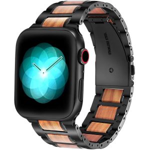 Apple Watch 4-6, SE, SE (2022) (42 / 44 mm) / Watch 7-9 (45 mm) / Watch Ultra 1-2 (49 mm), fém pótszíj, rozsdamentes acél, fa berakással, Xprotector, fekete/barna